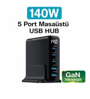 140W 3x TypC & 2x USB-A Port Ultra Hızlı Şarj Adaptörü GaN Teknolojili Laptop Telefon, Tablet Uyumlu