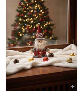 35 cm Ekoseli Oturan Noel Baba Figürü – Dekoratif Yılbaşı Peluş Süsleme Modeli