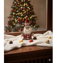 35 cm Ekoseli Oturan Noel Baba Figürü – Dekoratif Yılbaşı Peluş Süsleme Modeli