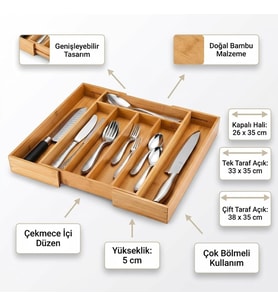 Lexroo 7 Bölmeli Bambu Kaşıklık Antibakteriel Çekmece içi Düzenleyici Organizer