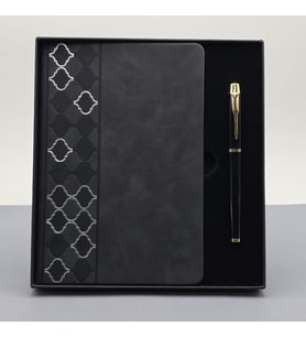 Desenli Siyah Deri Defter Kalem Set