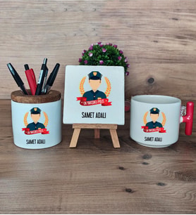 Erkek Polis Hediye Sepeti Kupa Bardak T Kulplu, Kalemlik ve Dekoratif Taş Polisler Günü Erkek Polise Hediye (Model 1)
