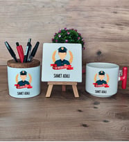Erkek Polis Hediye Sepeti Kupa Bardak T Kulplu, Kalemlik ve Dekoratif Taş Polisler Günü Erkek Polise Hediye (Model 1)