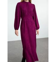 Moda Stil Regular Bisiklet Yaka Maxi Boy Tesettür Jakarlı Çiçekli Dokuma Elbise (Koyu Mor)