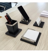 Prozenis PR47063 Lüks Siyah Ofis Masa Seti 4 Parça - Krom Detaylı Yönetici Kalemlik, Telefon Standı, Notluk ve Kartvizitlik (Siyah Gümüş)