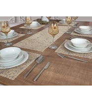 Amerikan Servis Supla ve Runner Seti 6 Kişilik Nakışlı Bej Victoria 7 Parça Masa Ve Sunum Takımı Victoria6'lı Bej Set, 1 Runnerlı Set Victoria Çeyizlik Takımı