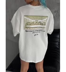 Unisex Baskılı Oversize T-Shirt - Beyaz