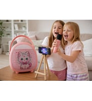 Çocuk Karaoke Mikrofon Seti Bluetooth Hoparlör Ahşap Tripod Telefon Standlı Retro Pembe Karaoke