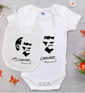 BK Kids Atatürk Temalı Beyaz Bebek Body Zıbın ve Mama Önlüğü Hediye Seti-24