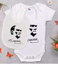 BK Kids Atatürk Temalı Beyaz Bebek Body Zıbın ve Mama Önlüğü Hediye Seti-24