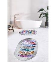 EVDEYA Dijital Yıkanabilir Renkli Etnik Yaprak Desen İkili Banyo Halısı Oval Klozet Takımı, OKLOZET-25-GRİ, (Gri)