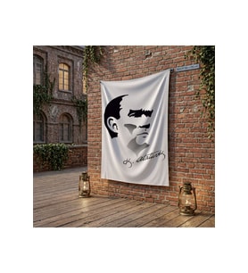 Siyah - Beyaz Mustafa Kemal Atatürk Silüeti ve İmza poster Bayrak Raşel Kumaş 100x150 cm ATA27