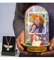 Size Özel Renkli Led Işıklı Unicornlu Fanus ve Renkli Anka Kuşu Kolye