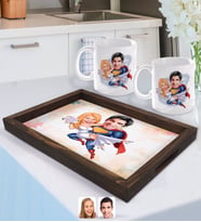 BK Gift Kişiye Özel Sevgililer Karikatürlü Doğal Ahşap Tepsi ve 2’li Kupa Bardak Seti-92