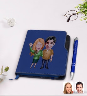 BK Gift Kişiye Özel Sevgililer Karikatürlü Lacivert Termo Deri Defter Kalem Seti-110