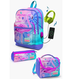 Coral High Kids Lavanta Pembe Flamingo Desenli USB'li 3’lü Okul Çanta Seti - Kız Çocuk