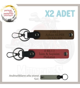 Biker Stiline Özel, İsim Plaka ve 0 Rh (-) Kan Grubu Yazılı Motor x2 Anahtarlık, Nar Çiçeği-Kahve-Gr (Çok Renkli)