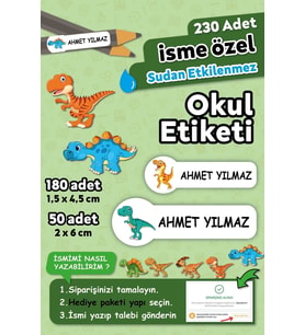 Dinazor Temalı Kişiye Özel İsimli Defter Kalem Okul Etiketi, Yırtılmaz PVC Etiket (Beyaz)
