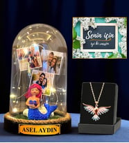 Premium Hediye Seti - Sizlere Özel Led Işıklı Fanus ve Renkli Zümrüdü Anka Kuşu Kolyesi (Model 7)