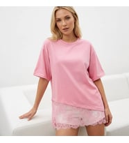 Kadın Bisiklet Yaka Eteği Dantel Detaylı %100 Cotton Penye Bluz 13009 (Pembe)