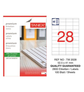 Tanex Lazer Etiket tw-2028 100 A4 Sayfa Laser Etiket 52.5 x 41 mm Boyutunda 1 A4 Sayfada 28 Etiket