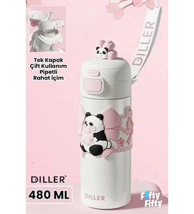 DILLER 480 ML Tek Kapak Çift Kullanım Pipetli/Pipetsiz Taşıma El Askılı Vacum Cup/Çelik Termos -FFD9317-480