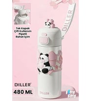 DILLER 480 ML Tek Kapak Çift Kullanım Pipetli/Pipetsiz Taşıma El Askılı Vacum Cup/Çelik Termos -FFD9317-480