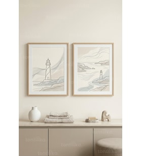 Minimalist Deniz Fenerleri 2’li Ahşap Çerçeveli Tablo Seti