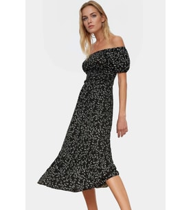 Çiçekli Örme Midi Elbise Kadın Yazlık Kısa Kollu Carmen Yaka Günlük Yüksek Kalite Modern Stil (Siyah)