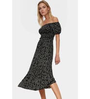 Çiçekli Örme Midi Elbise Kadın Yazlık Kısa Kollu Carmen Yaka Günlük Yüksek Kalite Modern Stil (Siyah)