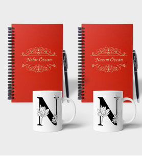 Kişiye Özel Ahşap Kırmızı Defter Kalem Kupa 2'li Hediye Seti