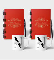 Kişiye Özel Ahşap Kırmızı Defter Kalem Kupa 2'li Hediye Seti