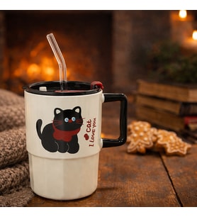 Sevimli Kedi Desenli Pipetli Kapaklı Termos Kupa Bardak – I Love You Cat Tasarımlı Taşınabilir Mug (SarıBeyaz)