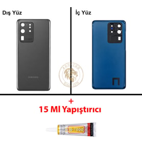 Samsung Galaxy S20 Ultra Gri Renk Lensli Arka Kapak + B7000 Yapıştırıcı Arka Cam Batarya Kapağı Pil Kapağı Lazer Kesim Back Cover Galaxy S20 Ultra Uyumlu