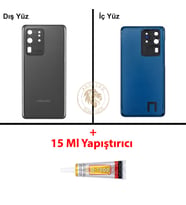 Samsung Galaxy S20 Ultra Gri Renk Lensli Arka Kapak + B7000 Yapıştırıcı Arka Cam Batarya Kapağı Pil Kapağı Lazer Kesim Back Cover Galaxy S20 Ultra Uyumlu