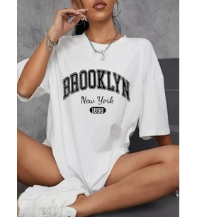 Baskılı Oversize Bisiklet Yaka T-shirt - Beyaz