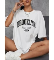 Baskılı Oversize Bisiklet Yaka T-shirt - Beyaz