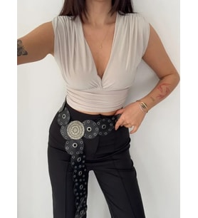 Vatkalı Kolsuz V Yaka Drapeli Crop Bluz Likralı Fit - Boyalı Gri
