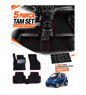 SMART FORTWO (2007-2014) Uyumlu EVA Oto Paspas Metal Topukluklu Havuzlu 5 Parça Siyah-Bordo
