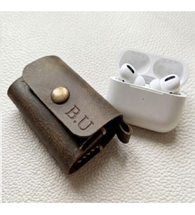 Kişiye Özel Baş Harf Baskılı , El Yapımı Hakiki Deri AirPods 1 & 2 Uyumlu Deri Kılıf (Haki-Yeşil)