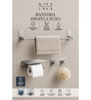 Paslanmaz Çelik Yapışkanlı Havlu Askısı ve Tuvalet Kağıtlığı 3'lü Set