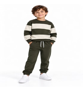 Erkek Çocuk Haki Ekru Renk Bloklu 3 İplik Sweatshirt ve Jogger Eşofman Takımı – 2 Parça
