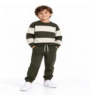 Erkek Çocuk Haki Ekru Renk Bloklu 3 İplik Sweatshirt ve Jogger Eşofman Takımı – 2 Parça