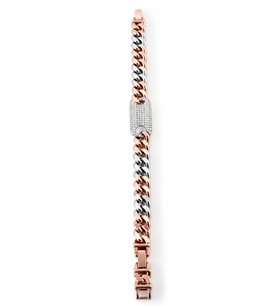 Sertifikalı 316L Çelik Rose Gold & Beyaz Gold Çift Renk Premium Zirkon Taşlı Plakalı Küba Zincir Kadın Bileklik