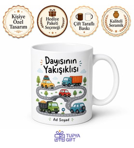 Dayısının Yakışıklısına Arabalar ve Yollar Çizimli Şirin Kupa Bardak Hediye
