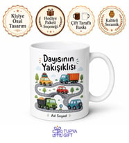 Dayısının Yakışıklısına Arabalar ve Yollar Çizimli Şirin Kupa Bardak Hediye