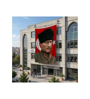 Askeri Üniformalı Atatür ve Türk Bayrağı Poster Bayrak Raşel Kumaş 6x9 metre ATA80