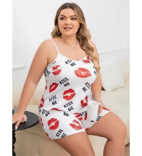 Amora Secret Büyük Beden Kiss Me Öpücük Desen Pamuklu Şortlu Pijama Takımı