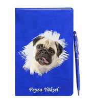 Kişiye Özel Köpek Tasarımlı Mavi Defter Kalem Hediye Seti