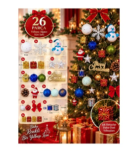 Yeni Yıla Özel 26 Parça Yılbaşı Ağacı Süs Seti Noel Dekoru Karışık Yılbaşı Aksesuarları Süsleme Seti